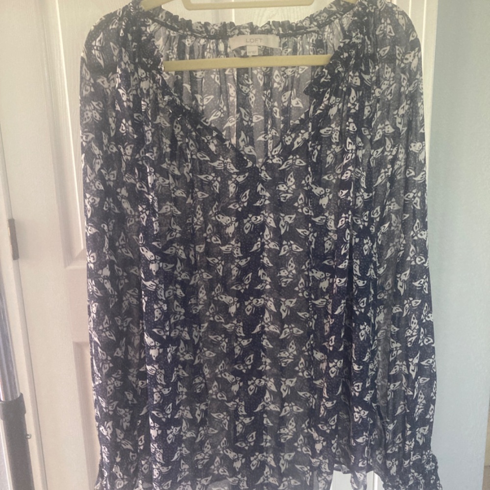 LOFT BOHO SILKY SHEER BUTTERFLY BLUE LONG SLEEVE RUFFLE TIE TOP XXL
